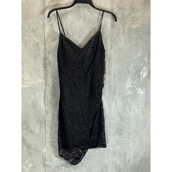 EMERALD SUNDAE Juniors' Black Lace V-Neck Asymmetrical Bodycon Mini Dress SZ XL - Picture 3 of 13